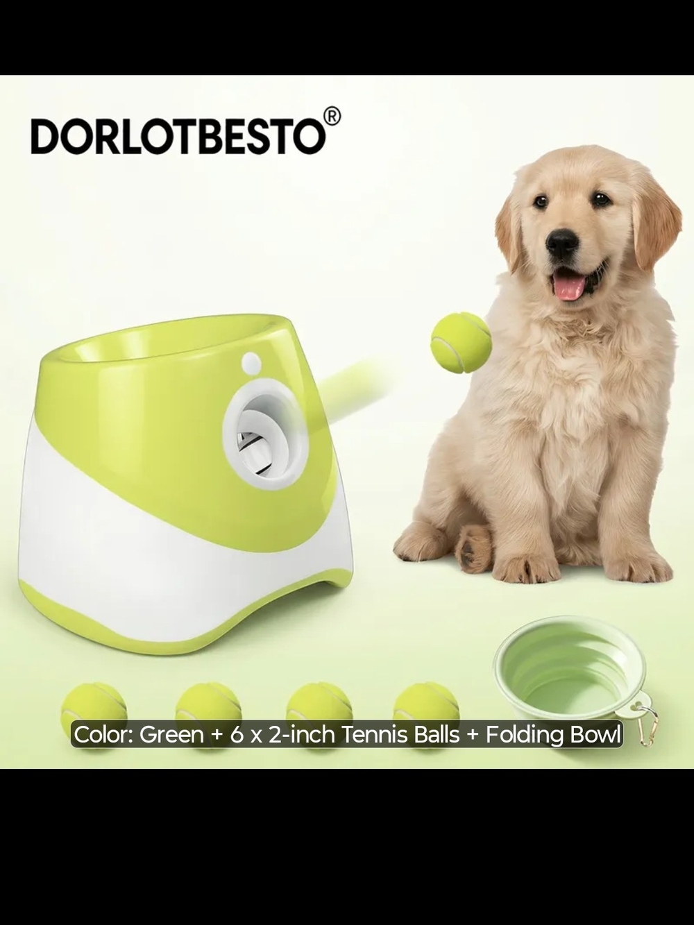 Green Automatic Dog Tennis Ball Launcher with 6 Balls & Folding Bowl